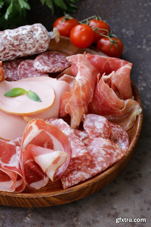 Assorted deli meats - ham, sausage, salami, parma, prosciutto, bacon - 14xUHQ JPEG Photo Stock