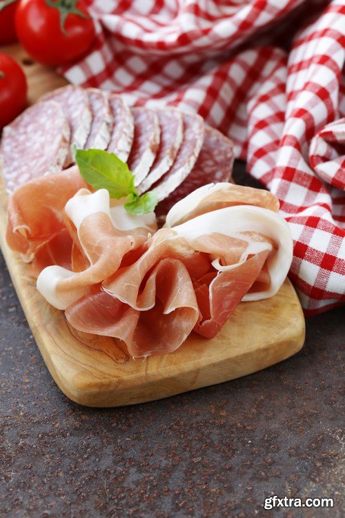 Assorted deli meats - ham, sausage, salami, parma, prosciutto, bacon - 14xUHQ JPEG Photo Stock