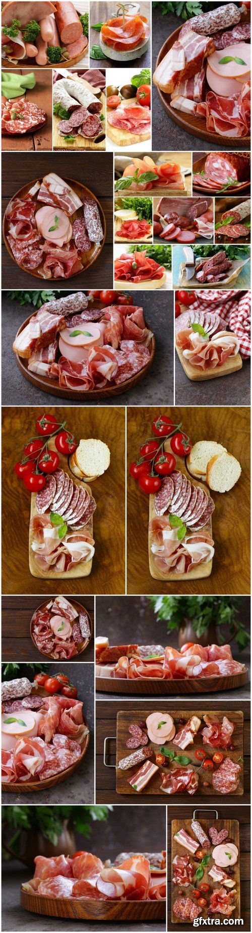 Assorted deli meats - ham, sausage, salami, parma, prosciutto, bacon - 14xUHQ JPEG Photo Stock