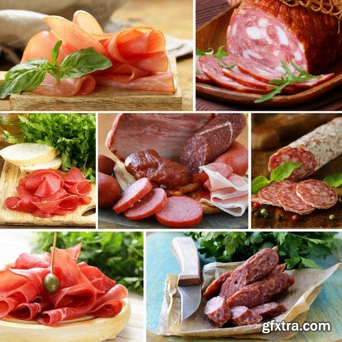 Assorted deli meats - ham, sausage, salami, parma, prosciutto, bacon - 14xUHQ JPEG Photo Stock