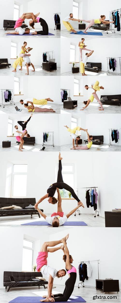 Young Beautiful Sportive Couple Training Partner Yoga