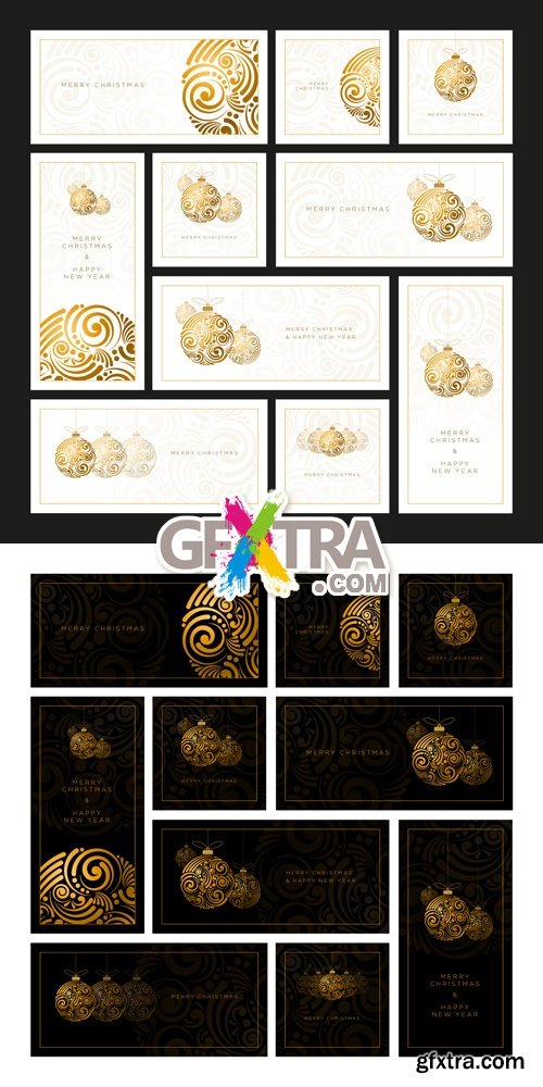 Cards with Golden Xmas Decorations Vector