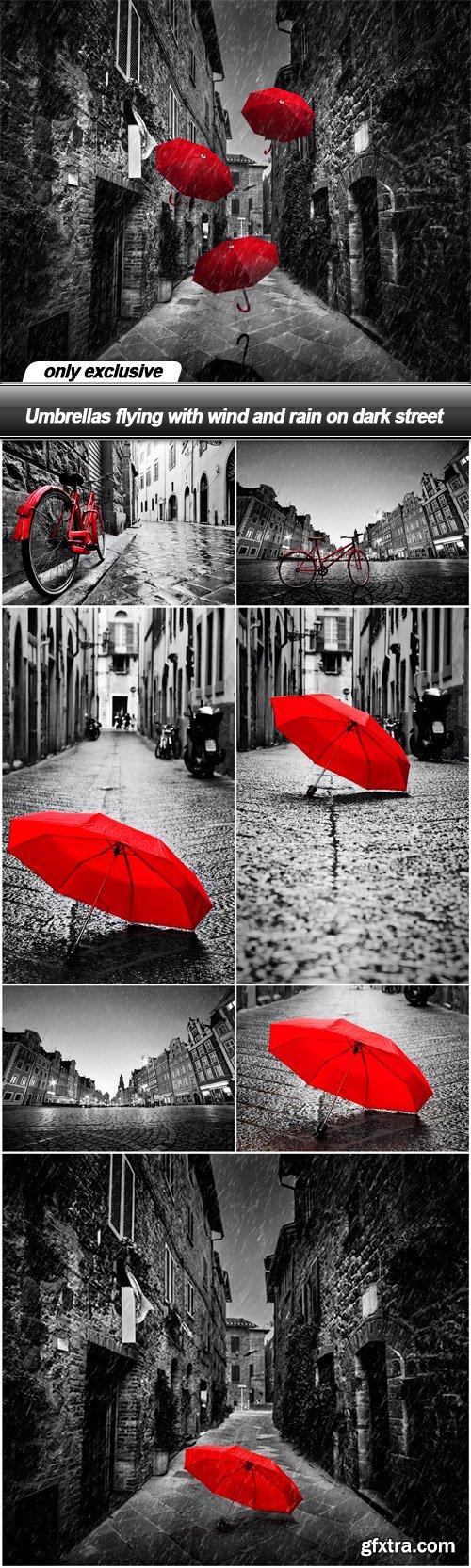 Umbrellas flying with wind and rain on dark street - 8 UHQ JPEG