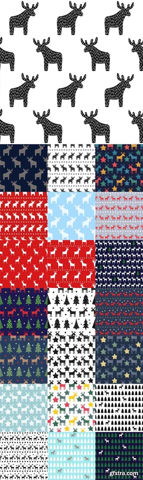 Vector Set - Seamless retro Christmas pattern - Deers, Snowflakes, Trees