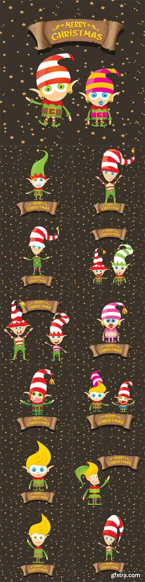 Vector Set - Cartoon Cute Merry Christmas Elfs