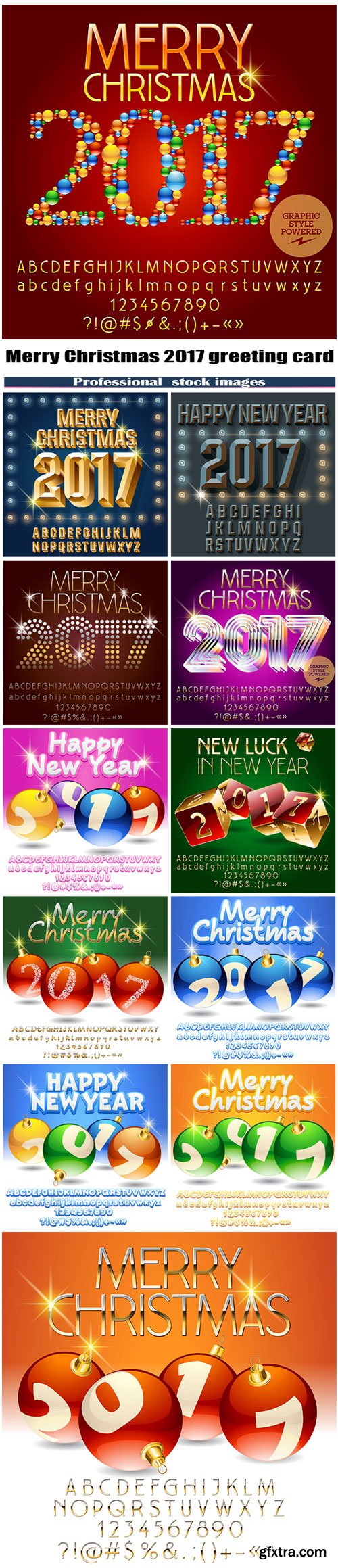 Merry Christmas 2017 greeting card with set of letters, symbols and numbers