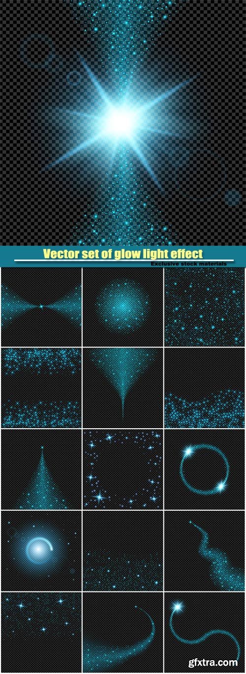 Vector set of glow light effect stars on black background