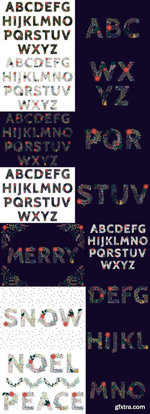 Vector Set of Beautiful Christmas or Winter Holidays Floral Alphabet