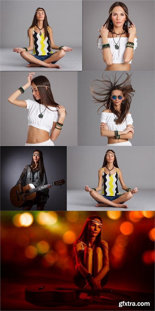 Young woman sitting in a yoga pose. Hippie style