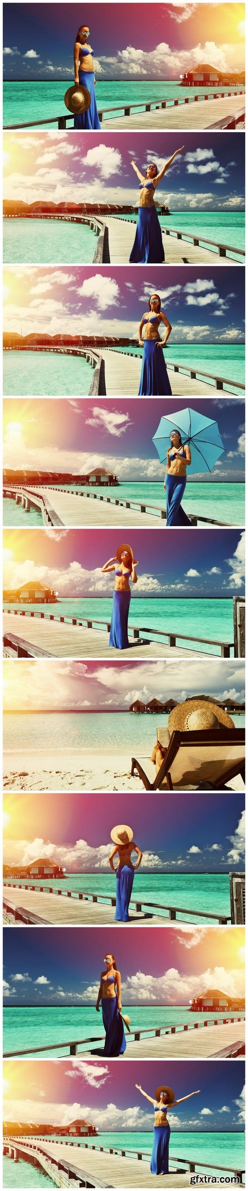 Woman on a beach jetty at Maldives - 9xUHQ JPEG Photo Stock