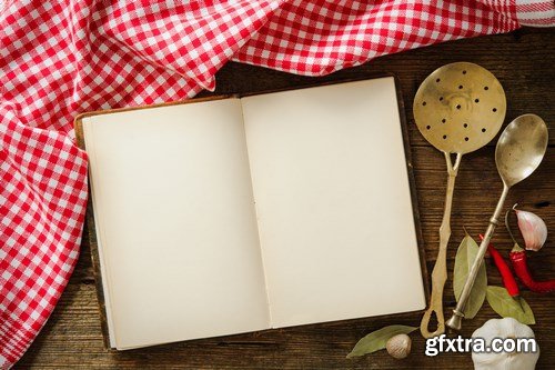 Vintage kitchen utensils on a wooden table - 20xUHQ JPEG Photo Stock