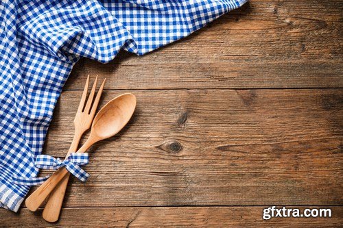 Vintage kitchen utensils on a wooden table - 20xUHQ JPEG Photo Stock