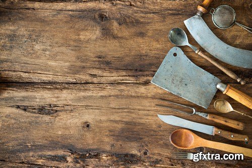 Vintage kitchen utensils on a wooden table - 20xUHQ JPEG Photo Stock