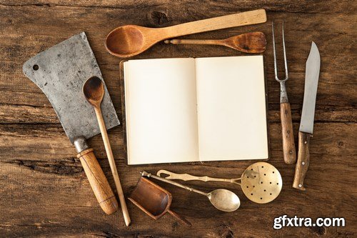 Vintage kitchen utensils on a wooden table - 20xUHQ JPEG Photo Stock