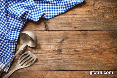 Vintage kitchen utensils on a wooden table - 20xUHQ JPEG Photo Stock