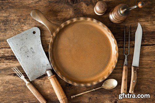 Vintage kitchen utensils on a wooden table - 20xUHQ JPEG Photo Stock