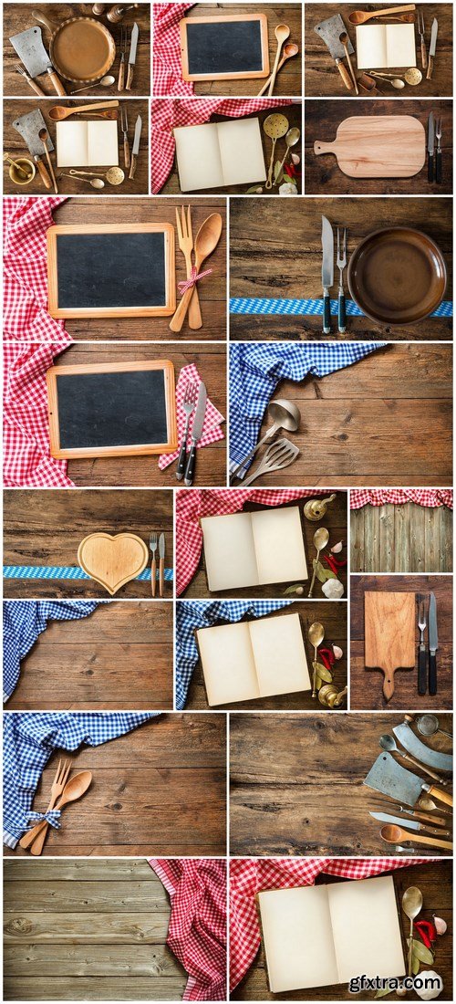 Vintage kitchen utensils on a wooden table - 20xUHQ JPEG Photo Stock