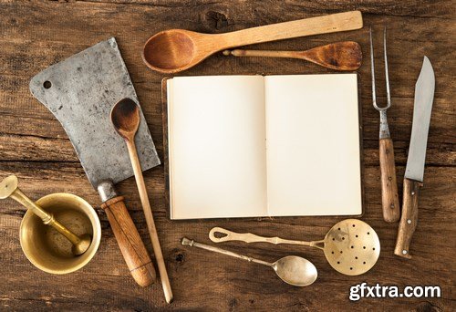 Vintage kitchen utensils on a wooden table - 20xUHQ JPEG Photo Stock