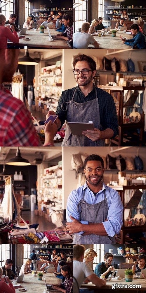 Interior Of Coffee Shop With Customers Using Digital Devices