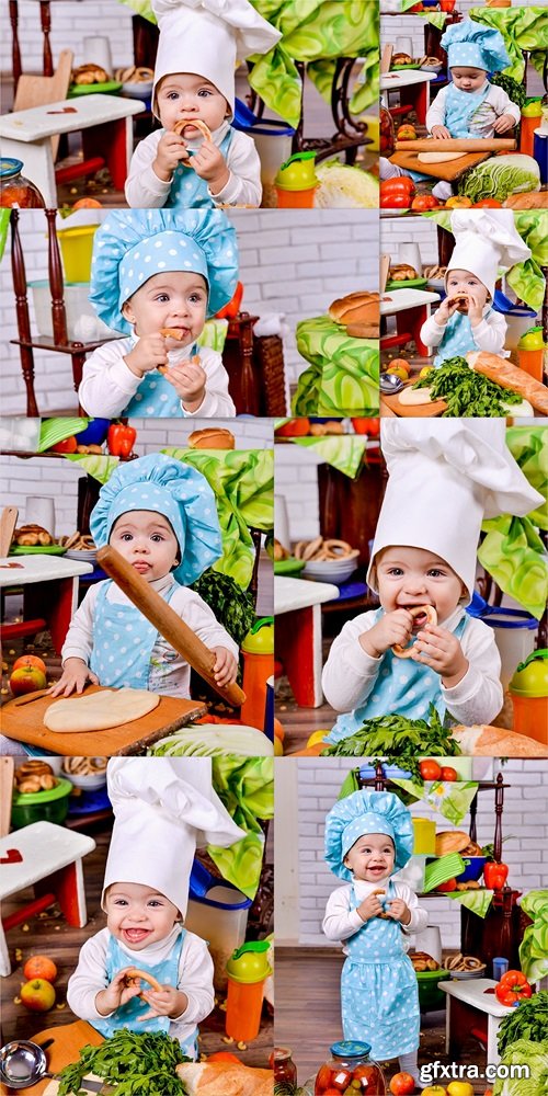 Little girl in a cook clothes with bagels in the hands of