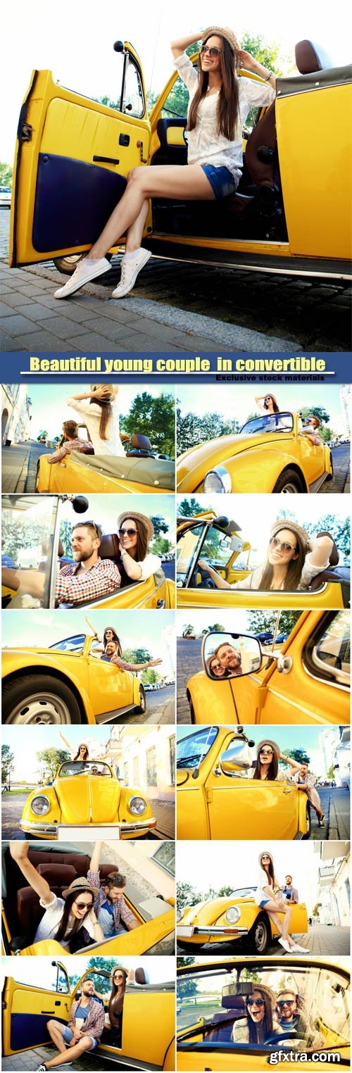 Beautiful young couple enjoying road trip in convertible