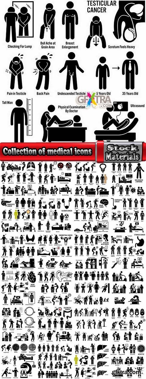 Collection of medical icons cartoon silhouette treatment infographics 25 EPS