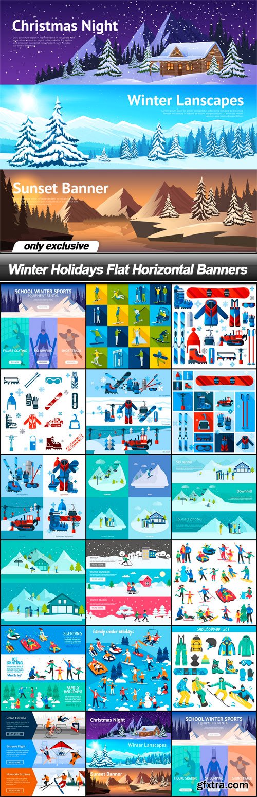 Winter Holidays Flat Horizontal Banners - 17 EPS