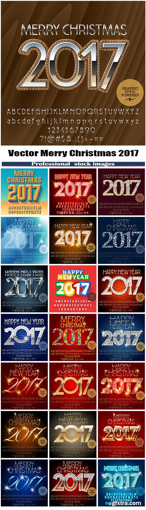 Vector Merry Christmas 2017 greeting card with set of letters, symbols and numbers