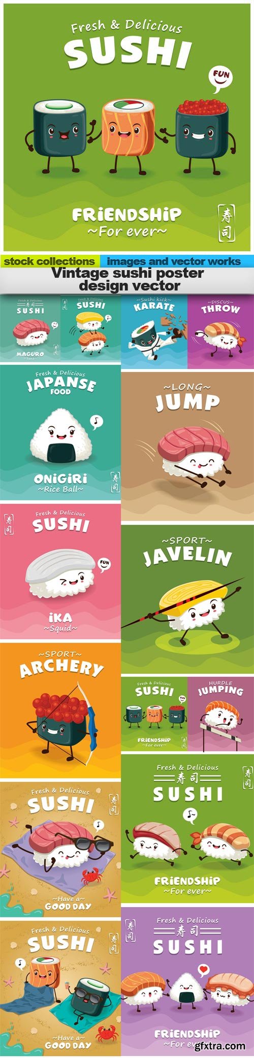 Vintage sushi poster design vector, 15 x EPS