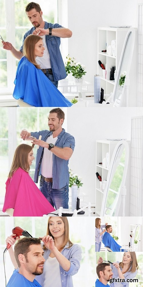 Woman and man having a haircut