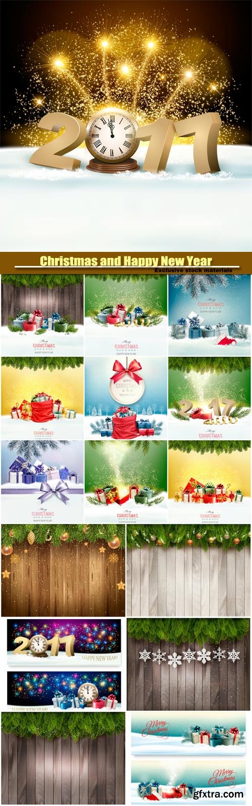 Christmas and Happy New Year background with 2017, presents with a gift card, clock and fireworks