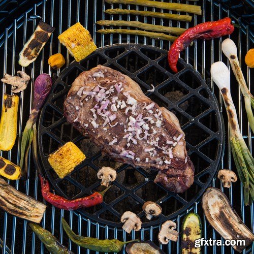 Assorted delicious grilled meat with vegetable on a barbecue - 18xUHQ JPEG Photo Stock