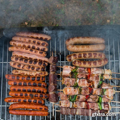 Assorted delicious grilled meat with vegetable on a barbecue - 18xUHQ JPEG Photo Stock