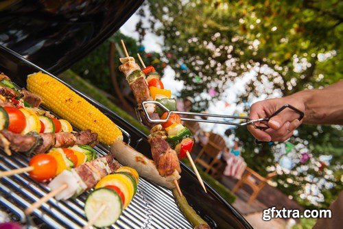 Assorted delicious grilled meat with vegetable on a barbecue - 18xUHQ JPEG Photo Stock