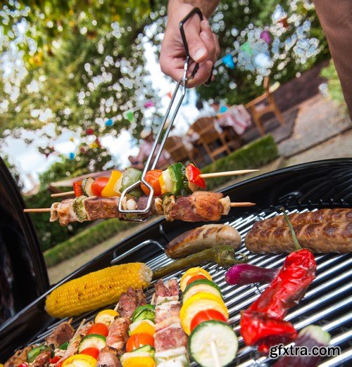 Assorted delicious grilled meat with vegetable on a barbecue - 18xUHQ JPEG Photo Stock