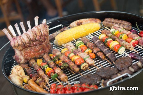 Assorted delicious grilled meat with vegetable on a barbecue - 18xUHQ JPEG Photo Stock