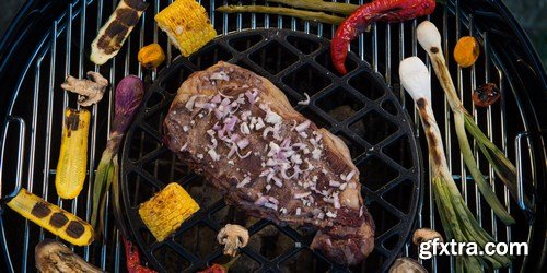 Assorted delicious grilled meat with vegetable on a barbecue - 18xUHQ JPEG Photo Stock