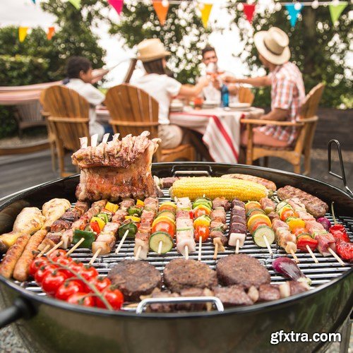 Assorted delicious grilled meat with vegetable on a barbecue - 18xUHQ JPEG Photo Stock