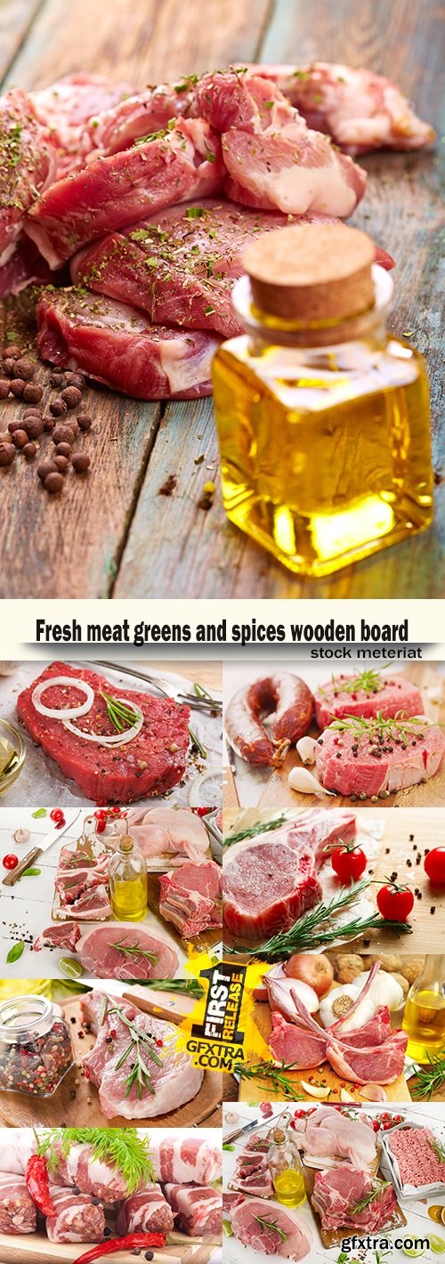 Fresh meat greens and spices wooden board