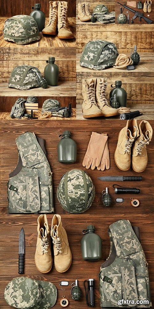 Set of military outfit on wooden background, top view