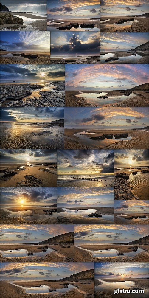 Stunning vibrant panorama sunset landscape over Dunraven Bay in