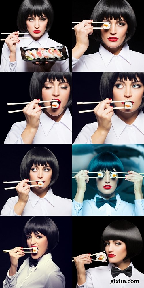 Woman covering eyes with sushi underwater