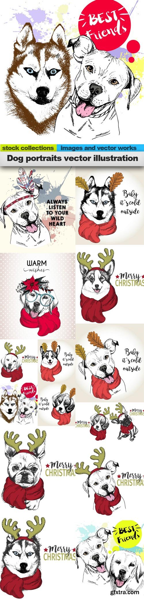 Dog portraits vector illustration, 15 x EPS