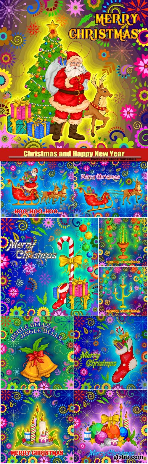 Merry Christmas and Happy New Year, vector design of Santa with gift, celebration background