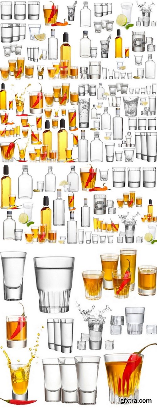 Collage of alcohol drinks. Vodka isolated on white