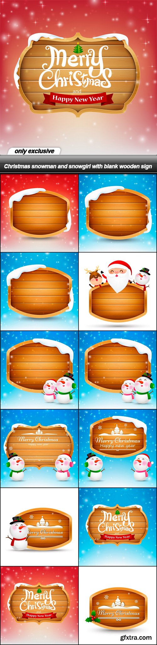 Christmas snowman and snowgirl with blank wooden sign - 12 EPS