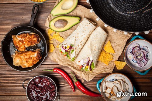 Tortilla with a mix of ingredients - Mexican food, 20xUHQ JPEG Photo Stock