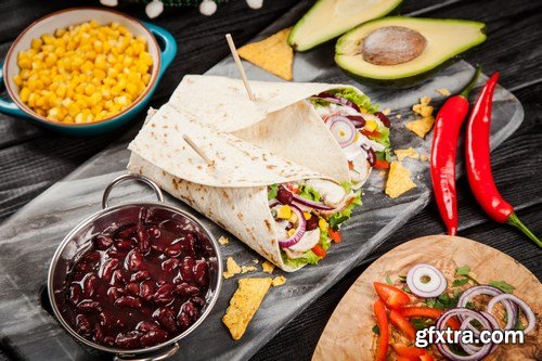 Tortilla with a mix of ingredients - Mexican food, 20xUHQ JPEG Photo Stock