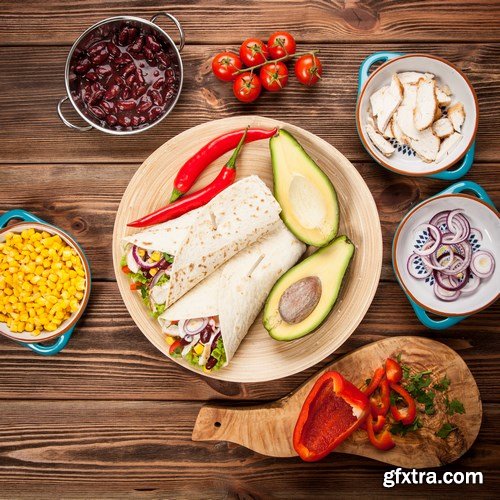 Tortilla with a mix of ingredients - Mexican food, 20xUHQ JPEG Photo Stock