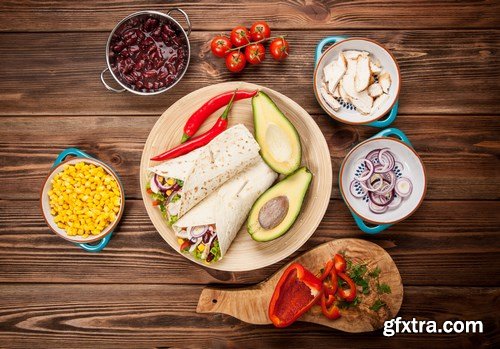 Tortilla with a mix of ingredients - Mexican food, 20xUHQ JPEG Photo Stock